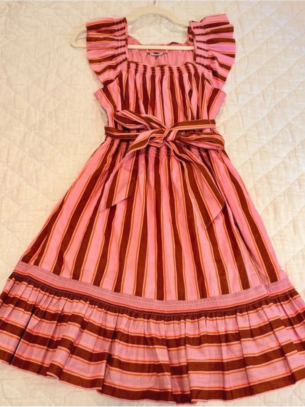 Kate Spade Dress Small Pink Brown Stripe Ruffle Sleeve Tie Waist Pockets cotton
